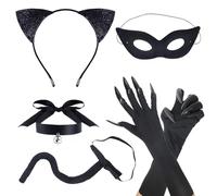 Oerphh 6 PCS Catwoman Costume Accessories,Black Cat Cosplay Set with Cat Ear Headband Eye Cover Tail Cat Claw Gloves Necklace,Black Cat Cosplay Costume for Women Fancy Dress Party Costumes (Style02)