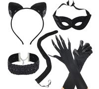 Oerphh 6pcs Black Cat Costume Set,Sequins Black Cat Ears Cat Tail Masquerade Eye Cover Tail Cat Claw Gloves Choker, Catwoman Costume Accessories for Women Halloween Cosplay