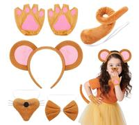 Oerphh 6Pcs Brown Mouse Costume Set, Mouse Fancy Dress Set with Ears Headband, Nose, Bow Tie, Tail & Gloves, Kids Animal Fancy Dress Accessories for Halloween, Birthday, Cosplay Party