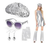 Oerphh 6PCS Disco Costume Set for Women 1970s Disco Accessories with Sequin Beret Hat Sunglasses Earrings Leg Warmers Abba Costume for Retro 70s 80s Theme Party Fancy Dress Up Birthday Dance