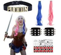 Oerphh 6pcs Women Villain Costume Accessories Set, Harley Cosplay with Tattoo Wristband Collar Hair Extension, Womens Fancy Dress Costumes for Cosplay Halloween World Book Day