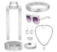 Oerphh 70s Disco Accessories Set for Women, 8 Pcs Silver Sequin Disco Set with Sunglasses, Earrings, Necklace, Bracelet, Ring, Headband,Scarf and belt,Retro Fancy Dress for Disco Theme Party