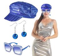 Oerphh 70s Disco Hat Set, 3PCS Sequins Glitter Abba Hat with Bling Sunglasses Disco Earrings, Women Disco Accessories for Adult Dance Theme Party (Blue)