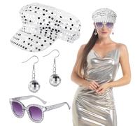 Oerphh 70s Disco Hat Set, 3PCS Sequins Glitter Abba Hat with Bling Sunglasses Disco Earrings, Women Disco Accessories for Adult Dance Theme Party (Silver)