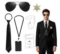 Oerphh 7PCS Agent Costume Accessories Ring Wedding Security Set with Sunglasses,Tie,Card Holder,Card,Badge,Earpiece Tube,Spy Costume Accessories for Adults Kids edding Props Cosplay Dress Up Party