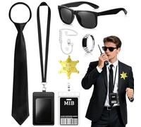 Oerphh 7PCS Agent Costume Accessories Set, Secret Agent Dress Up Kit Guard Accessories with ID Holders Black Ties Sunglasses Earpieces for Women Men Halloween Cosplay Theme Party