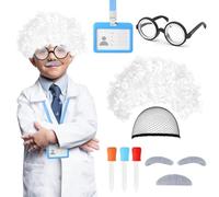 Oerphh 7pcs Mad Scientist Costume Set, Frizzy White Scientist Lunatic Wig with Gray Mustache Eyebrows Nerd Glasses Liquid Dropper Work Card, Grandpa Costume for Kids Adult Cosplay Festival Party