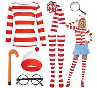 Oerphh Red and White Striped T Shirt Set Halloween Dress Up Accessories Fancy Dress Costume Set for World Book Day (XL)