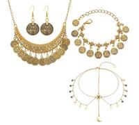 Oerphh Women's Jewellery Fortune teller Accessories, Fortune teller Jewellery Set with Golden Head Chains, Boho Style Necklaces, Bracelets, Earrings, Belly Dance Costume Jewellery for Theme Party