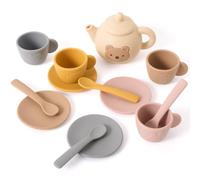 OESSUF Bear Children's Tea Party Set - 13PCS Silicone Tea Pot with 4 3D Animal Cups , Coasters & Spoons Leak-Proof Dishwasher Montessori Learning Pretend Play Gift for 1 2 3 4 5 Year Old Boys Girls
