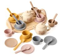 OESSUF Silicone Bear Tea Set for Kids with Wooden Tray - 14PC 3D Animals Pretend Play Tea Party Toy with Silicone Teapot, Cups,Coasters & Spoons Educational Toy for Toddlers Ages 3-6
