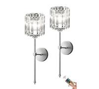 OEUBEQ Modern Cordless Crystal Glass Wall Sconce Battery Operated Wall Lights Set of 2, Non Hardwired Remote Chrome Wall Sconces, USB Rechargeable Silver Wall Lamp for Living Room Bathroo