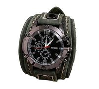OEUVREBY Punk Vintage Wrist Watch Wide PU Leather Belt Strap Cuff Roman Numeral Green