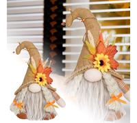 of 2 Fall Gnomes Thankgiving 3D Sunflowers Maple Leaf Decorations Handmade Dwarf Figurines for Home Farmhouse Tiered Tray Holiday Festival Party Tomte Dated Christmas Ornament (B, 15x10x22cm)