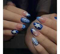 Of 24 Blue French Star Dot Press on Artificial Nails Elegant Almond Shape Fingernails for Women Blue Nails Art