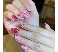 Of 24 French Styles Short Oval Glossy Presses on Nails with Red Polkas Dots and Stars Designs for Party Elegances Stars Design Presses on Nails
