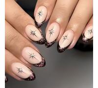 Of 24 Short Almond Artificial Nails Glitters Star Designs French Tip Manicure Accesories for Any Occasion Professional Look