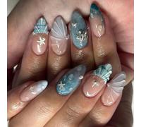 Of 30 Artificial Nails Sea Salt Blue False Nails with Dimensional Shell Embossing and Multiple Sizes Hand Carved Art