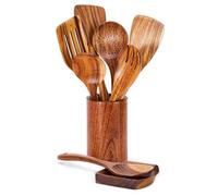 of 9 Kitchen Utensils Essential Cooking Tool Slotted Tuner Serving Spoon Cooking Kitchen Utensils Set Wood Texture Wood Kitchenwares Set