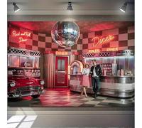 of retro rock restaurant background with neon lights, jukebox, and vintage cars, suitable for home decoration 240X180cm