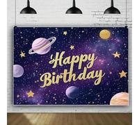 of space happy birthday wallpaper background, multi-purpose party banner, purple planet astronaut rocket print 350x230cm
