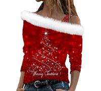 of The Day Sale Sweatshirts for Women UK Clearancee Stylish Casual One Shoulder Long Sleeve Pullover Sweater Christmas Printed Collar Warehouse Deals Clearance Today (Red, M)