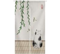 Ofat Home Wild Man Cat Hand-Painted Noren Curtain 33.5" W x 59" L, Japanese Ink Style Cat with Willow & Dragonfly Doorway Curtain, Zen Asian Fabric Hanging for Home Decor