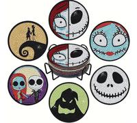 OFDNE Halloween Diamond Paintings Kits with Holder,6Pcs DIY Nightmare Christmas Coaster Diamond Art Kits,Full Coasters Diamond Painting Kits for Adults Beginners Art Craft Supplies