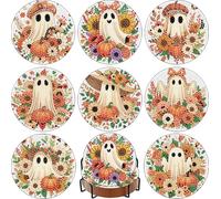 OFDNE Halloween Diamond Paintings Kits with Holder,DIY Cute Ghost Coaster Diamond Art Kits,Fall Flower Full Coasters Diamond Painting Kits for Adults Beginners Art Craft Supplies 8Pcs