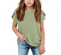 ofeirhz Linen Short Sleeved Girls Solid Color Casual Tops Short Sleeved Round Neck for Middle and Large Children Baby Girls (Green, 11-12 Years)