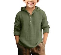 ofeirhz Little Boys Long Sleeve Sleeved Plain Cotton and Linen Hooded Shirt Muscle Boys (Blackish Green, 4-5 Years)