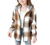 ofeirhz Sing Coat Flannel Plaid Button Down Top with Long Sleeve Hooded Coats for Girls Size 12 Girls Coat (Khaki, 6-7 Years)