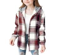 ofeirhz Sing Coat Flannel Plaid Button Down Top with Long Sleeve Hooded Coats for Girls Size 12 Girls Coat (Brick Red, 6-7 Years)