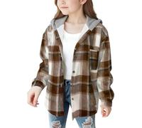 ofeirhz Sing Coat Flannel Plaid Button Down Top with Long Sleeve Hooded Coats for Girls Size 12 Girls Coat (Brown, 12-13 Years)