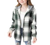 ofeirhz Sing Coat Flannel Plaid Button Down Top with Long Sleeve Hooded Coats for Girls Size 12 Girls Coat (Light Green, 12-13 Years)