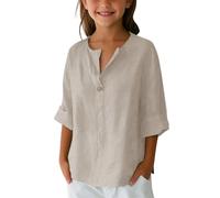 ofeirhz Toddlers Undershirts Shirts Spring Summer and Autumn Children's V Neck Long Sleeved Button Down Shirts for Vacation Beach Solid Color Casual Shirt Plain Tops (Beige, 5-6 Years)