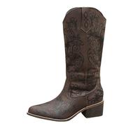 ofeirhz Walking Boots Womens Knee High Embroidered Cowboy Boots Square Heel Pointed Toe Slip On Boot Anti-Slip Water-Resistant Retro Boot Easier On & Off Comfortable Ladies Shoes Hiking Outdoor