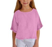ofeirhz Youth Long Sleeve T Shirt Cotton and Linen Five Point Sleeves Girls' Solid Color Casual Tops Round Neck You Sound Like A Girl (Pink, 15-16 Years)