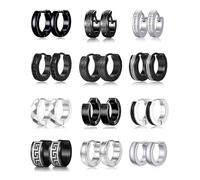 Ofeiyaa 12 Pairs Hoop Earrings for Men Stainless Steel Huggie Earring Round Circle CZ Bevel Edge Unique Greek Key Hoops Piercing Jewelry Set Black Silver Tone, Stainless Steel, Cubic Zirconia