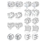 Ofeiyaa Magnetic Stud Earrings Stainless Steel Non-piercing CZ Heart Round Square Triangle Halo Earrings for Men Women Fake Clip on Stud Earring Jewelry Set for Sensitive Ears Silver Tone 6MM 8MM, 6mm