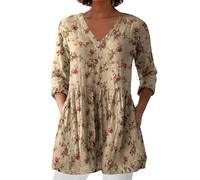 Ofertas De Primavera Women Summer Tops with Pockets Linen 3/4 Sleeve V Neck Tunic Top Cotton Linen Casual T-Shirt Oversized Long Swing Blouse Shirts Ladies Clothes Tee