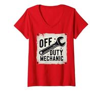 Off Duty Mechanic Vintage Wrench Sign Garage Decor V-Neck T-Shirt, Women, Red, XL