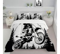 Off-Road Motorcycle Coverless Duvet Single, Washable Forest Landscape Reversible Coverless Duvets Camping Sleepovers Travel Duvet Super Soft Comfy Duvets with Pillowcase 135x200cm Black And White