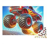 Off-road Vehicle 1000 Pieces Jigsaw Puzzle for Adults Red Monster Truck with Flames Jumping on Road Premium Thick Sturdy Vibrant Challenging Hard Stress Relief 38x26cm/1000pcs