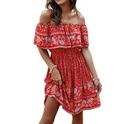 Off Shoulder Boho Floral Swing Mini Dress Summer Strapless Pleated Short Dress - Red - Large