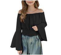Off Shoulder Crop Tops for Girls Lantern Sleeve High Waist Ruffle Trim Puff Long Sleeve Tube Crop Blouse Shirt Top Boho Shirt Blouse Medieval Renaissance Tee #01Black 11-12 Years