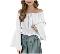 Off Shoulder Crop Tops for Girls Lantern Sleeve High Waist Ruffle Trim Puff Long Sleeve Tube Crop Blouse Shirt Top Boho Shirt Blouse Medieval Renaissance Tee Age 5-15 Years