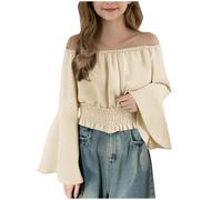 Off Shoulder Crop Tops for Girls Lantern Sleeve High Waist Ruffle Trim Puff Long Sleeve Tube Crop Blouse Shirt Top Boho Shirt Blouse Medieval Renaissance Tee #01Beige 7-8 Years