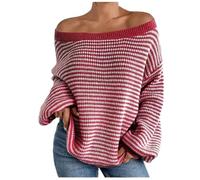 Off Shoulder Jumper for Women Oversized Striped Jumper Batwing Long Sleeve Tops Ladies Casual Pullover Sweaters Warm Knitwear Wool Blend Top Plus Size Autumn Winter Fashion Outfits Red