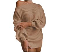 Off Shoulder Jumpers for Women UK Cable Knitted Lantern Sleeve Cold Shoulder Sweaters Dress Solid Color Pullover Sweater Elegant Long Jumpers for Women to wear with Leggings Ladies Knitwear Khaki